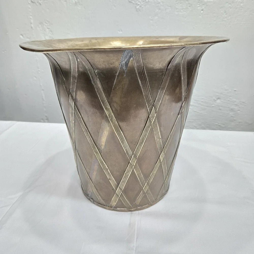 Vtg Brass Lattice‎ Overlay Planter Wastebasket 11